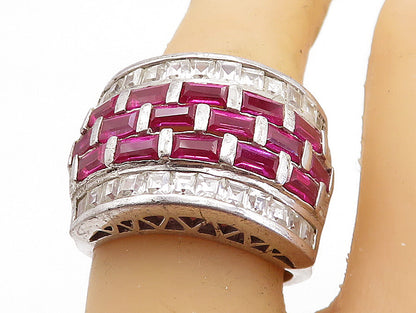 SETA 925 Silver  Pink & White Topaz Brick Layer Shiny Band Ring Sz 7  RG6665