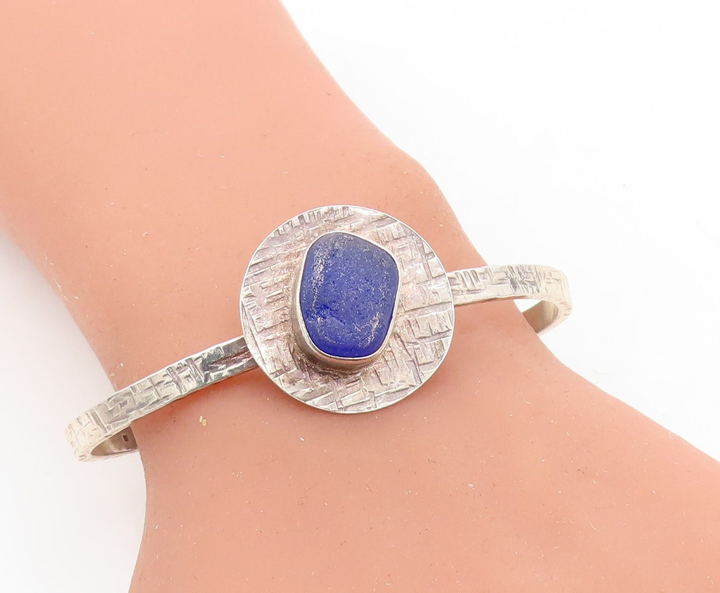 925 Sterling Silver  Vintage Lapis Lazuli Shiny Textured Cuff Bracelet  BT3085