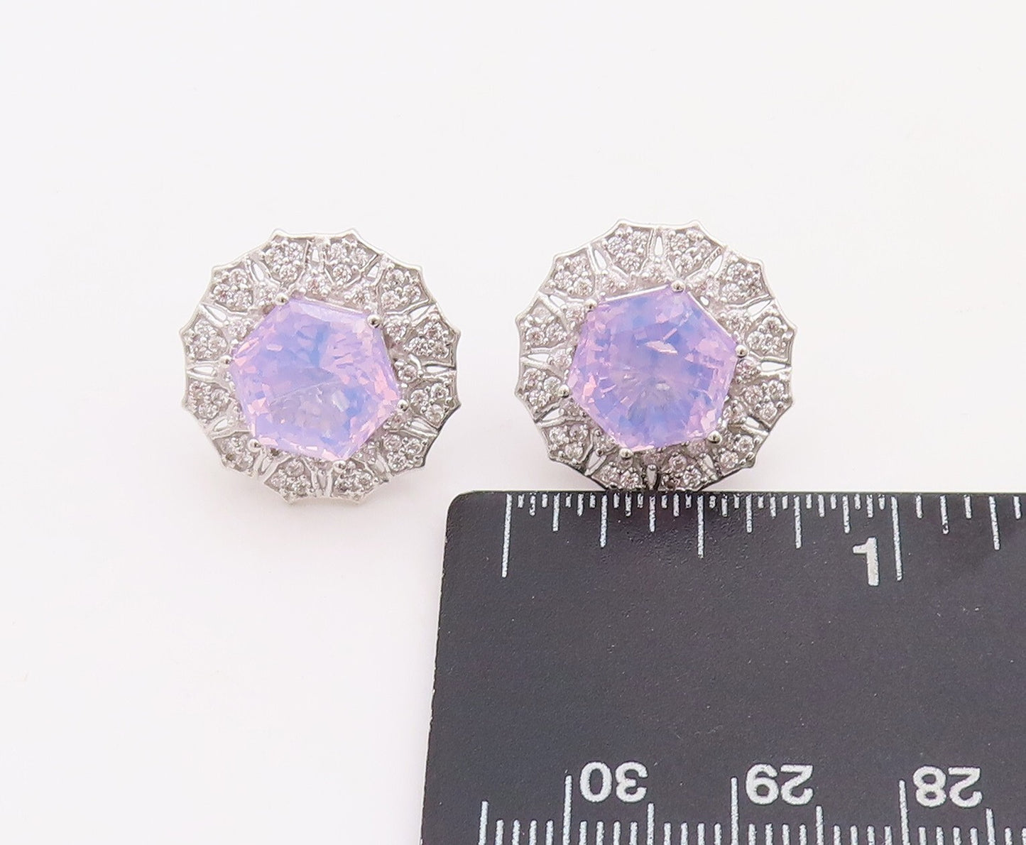925 Sterling Silver Vintage Earrings Purple & White CZ Floral Inlay  EG13247
