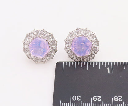 925 Sterling Silver Vintage Earrings Purple & White CZ Floral Inlay  EG13247
