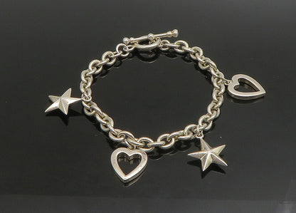 925 Sterling Silver  Vintage Shiny Love Heart & Stars Chain Bracelet  BT9070