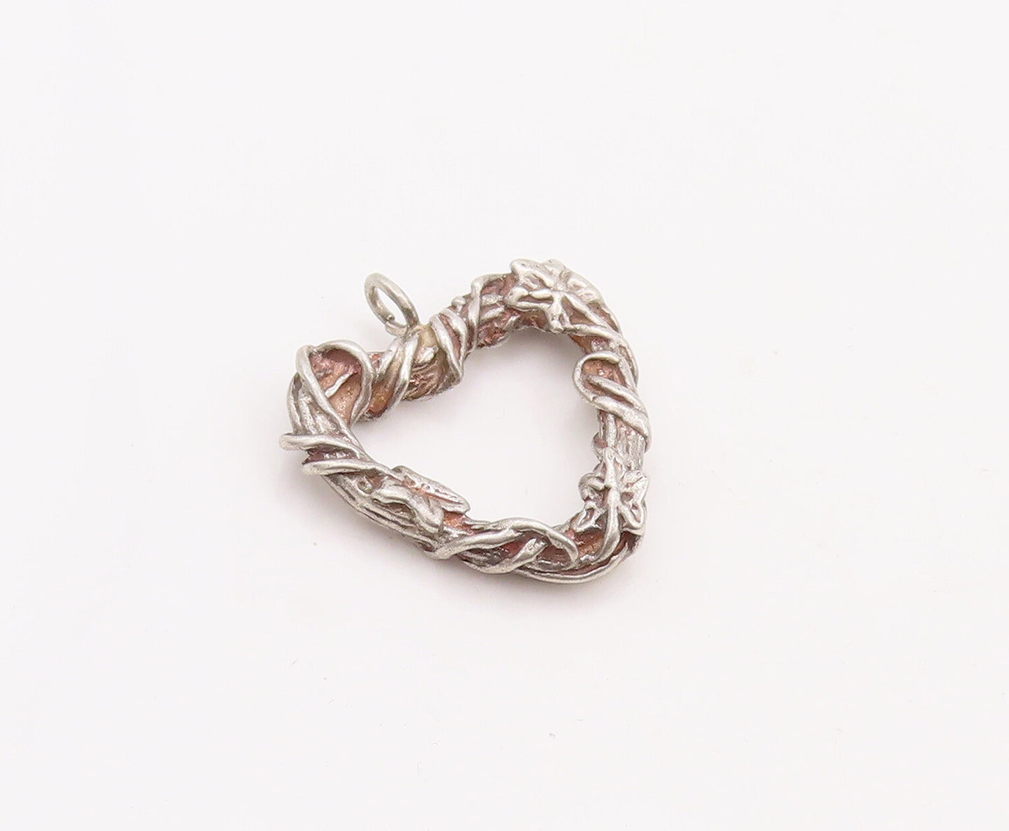 925 Sterling Silver Vintage Pendant Wired Wood Carved Cutout Heart  PT23156