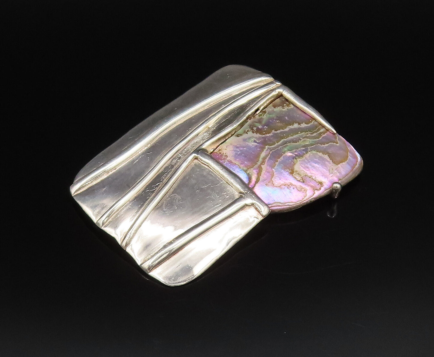 925 Silver  Vintage Modernist Mother Of Pearl Rectangle Brooch Pin  BP10002