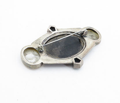 925 Silver  Vintage Black Onyx Mother Of Pearl & Malachite Brooch Pin  BP1753