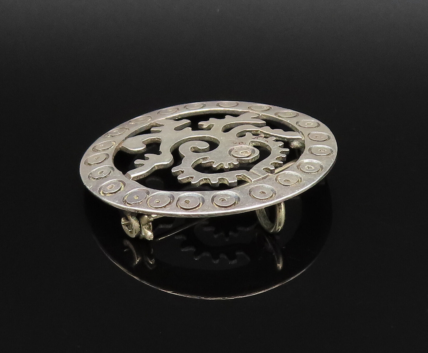 925 Sterling Silver  Vintage Circle Pattern & Dragon Cutout Brooch Pin  BP9898