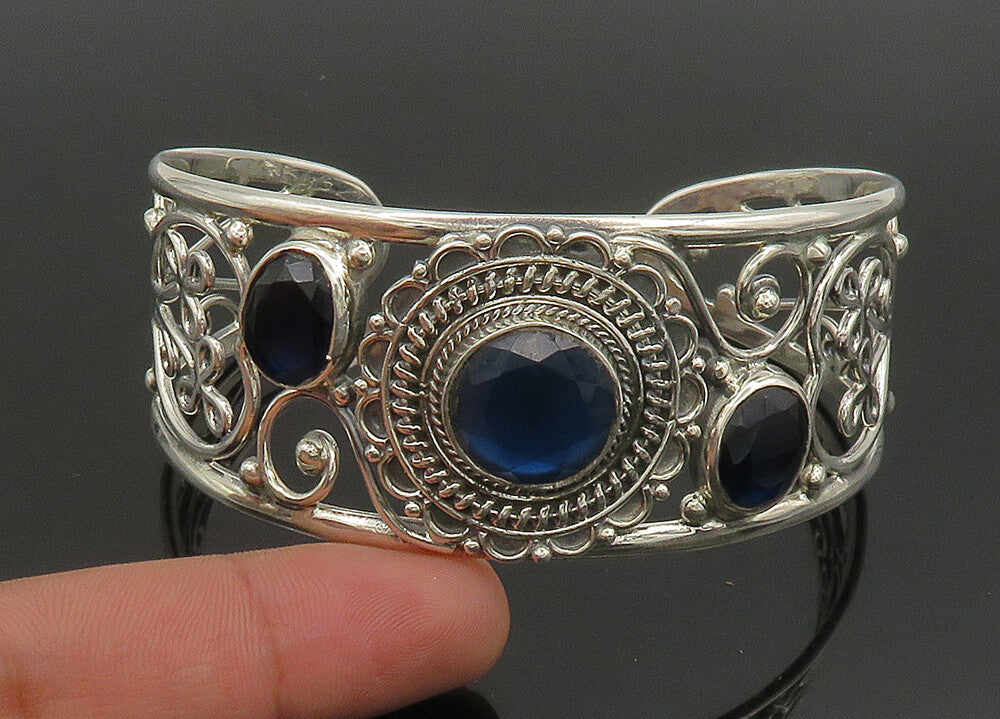 925 Sterling Silver   Vintage Blue Stone Floral Vine Cuff Bracelet  BT9088