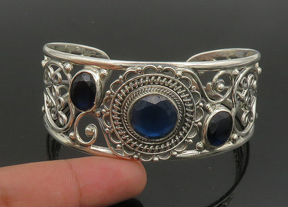 925 Sterling Silver   Vintage Blue Stone Floral Vine Cuff Bracelet  BT9088