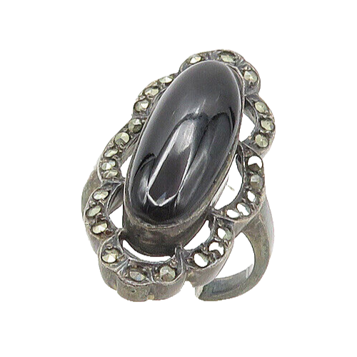 925 Silver  Vintage Victorian Onyx & Marcasite Cocktail Ring Sz 6  RG17081