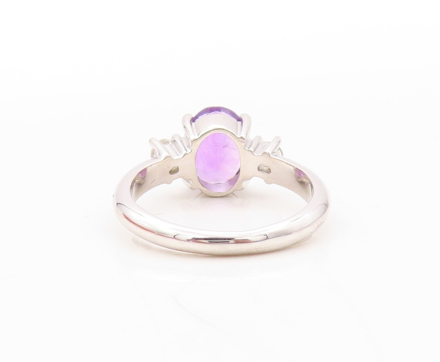 925 Sterling Silver Vintage Ring Oval Cut Amethyst CZ Side Stones  Sz 7  RG30686