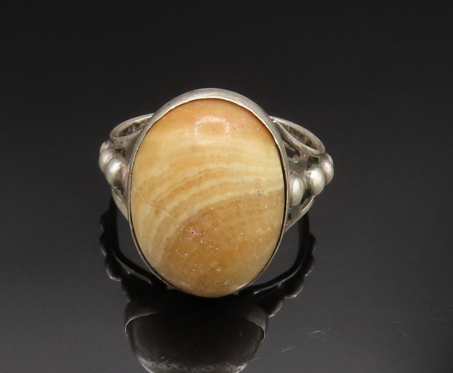 925 Sterling Silver  Vintage Cabochon Agate Beaded Shank Ring Sz 7.5  RG24933