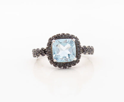 925 Sterling Silver Vintage Ring Square Cut Blue Topaz & Spinel  Sz 7  RG30270
