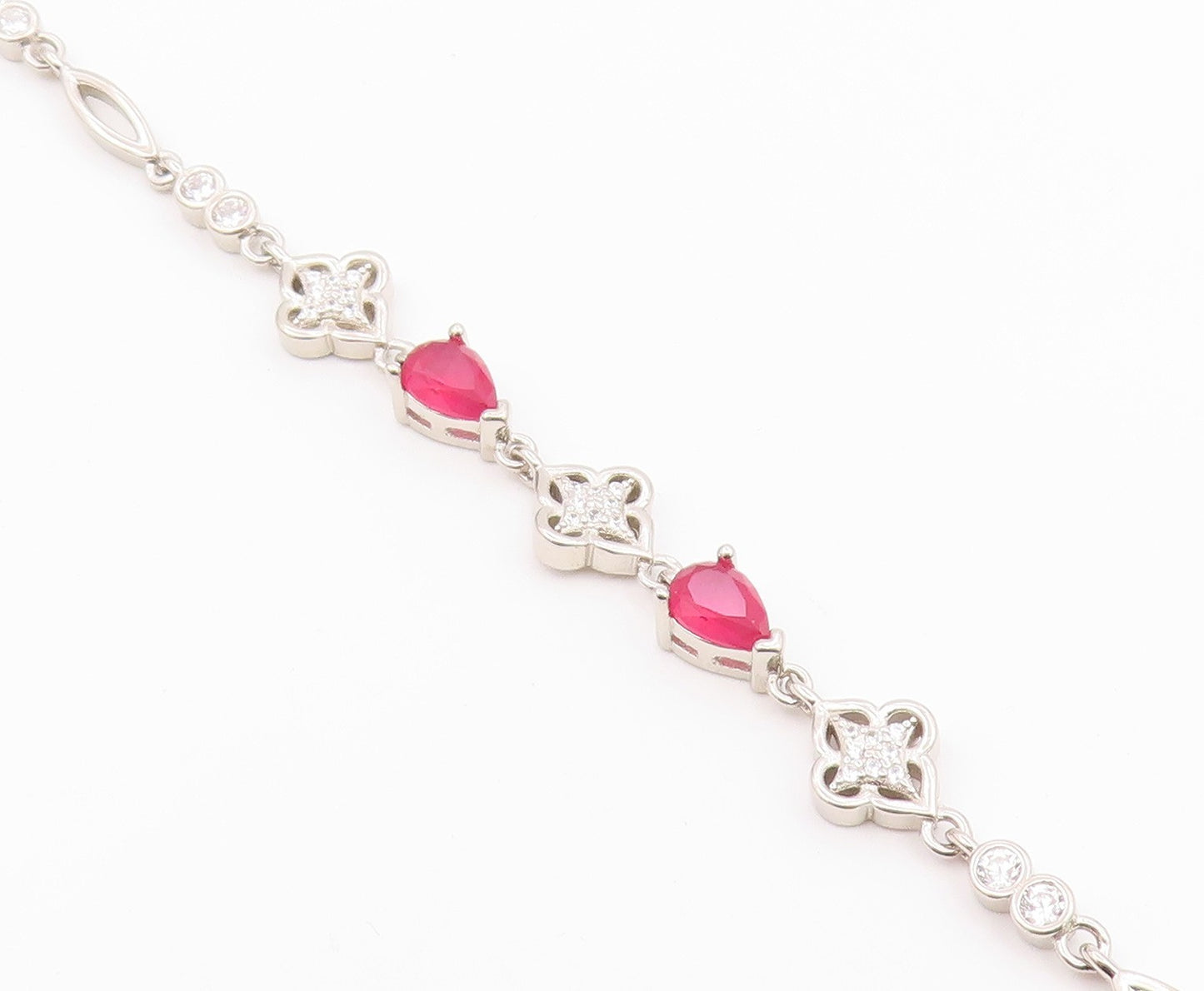 925 Sterling Silver  Vintage Beautiful Ruby & Cubic Zirconia Bracelet  BT9567