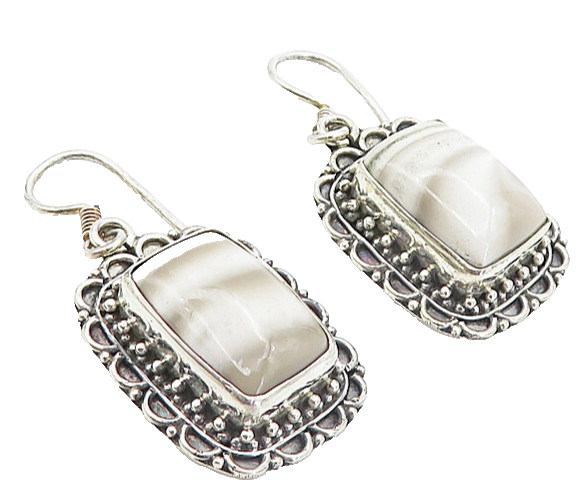 925 Sterling Silver  Vintage Cabochon Cut Grey Agate Dangle Earrings  EG3759