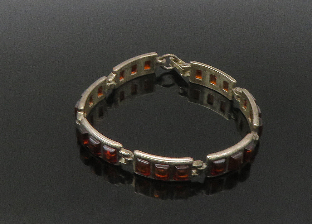 925 Sterling Silver  Vintage Amber Dark Tone Bar Link Chain Bracelet  BT8773