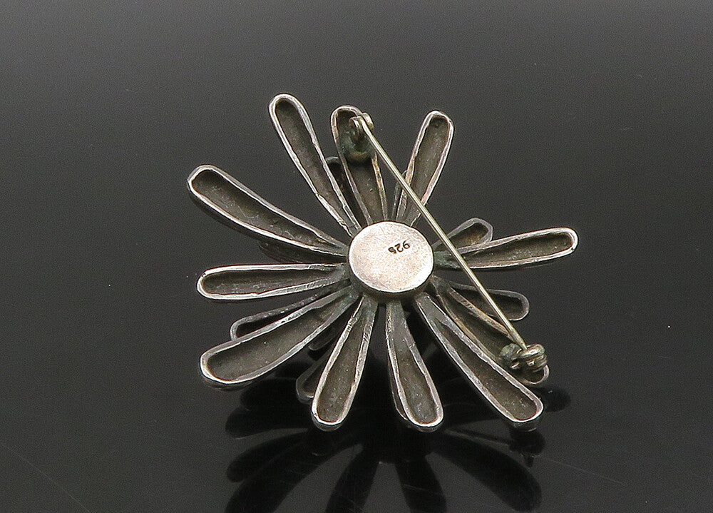 925 Sterling Silver  Vintage Dark Tone Shiny Flower Motif Brooch Pin  BP8950