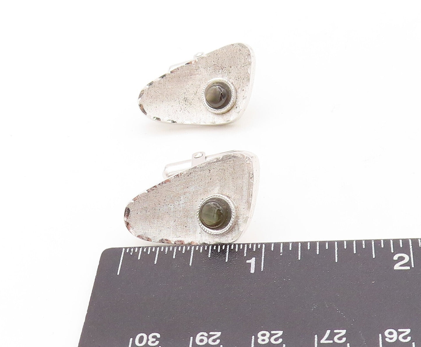 925 Sterling Silver Vintage Cuff Links Designer Triangular Cut Cat's Eye  TR3795