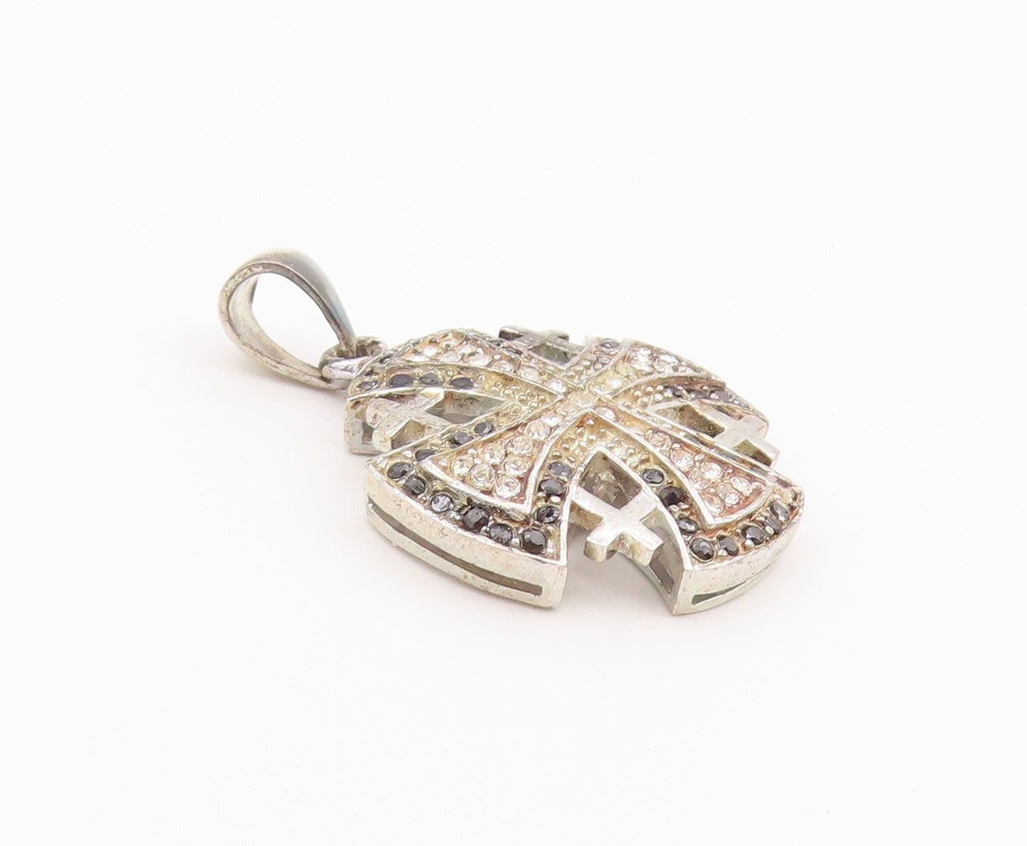 925 Sterling Silver Vintage Pendant Black & White CZ Jerusalem Cross  PT26362