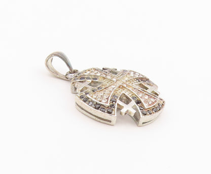 925 Sterling Silver Vintage Pendant Black & White CZ Jerusalem Cross  PT26362
