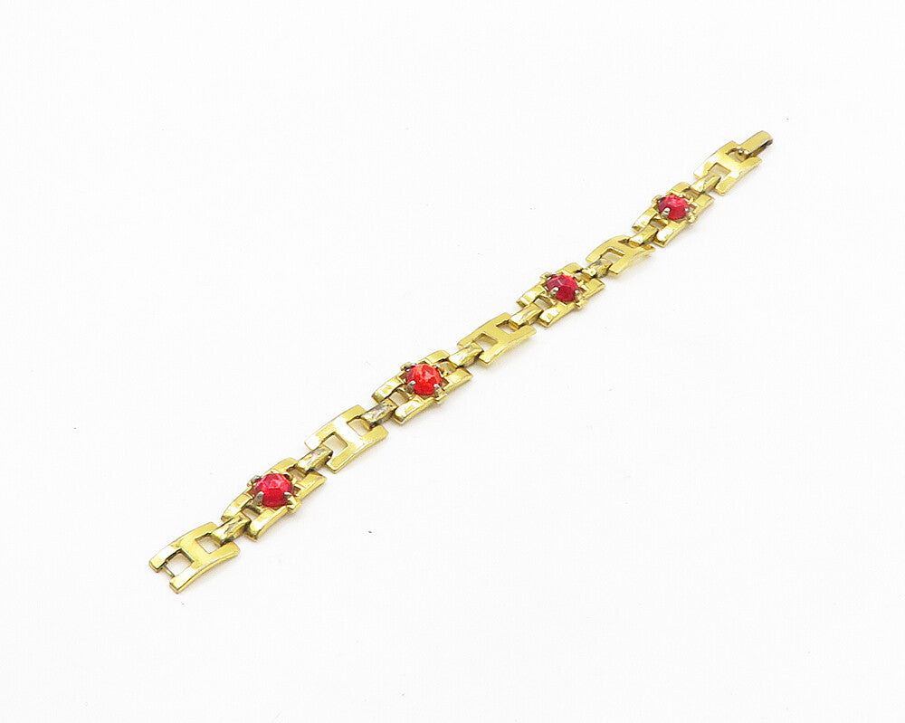 925 Sterling Silver  Vintage Red Topaz Gold Plated Chain Bracelet  BT7444