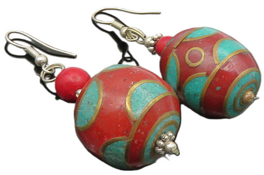 925 Sterling Silver  Vintage Turquoise & Coral Pattern Dangle Earrings  EG4663
