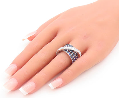 925 Sterling Silver Vintage Ring Designer Sapphire & CZ Bands  Sz 7  RG29464
