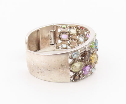 925 Sterling Silver Vintage Bracelet MICHELLE ALBALA Multi Gemstone Cuff BT11990
