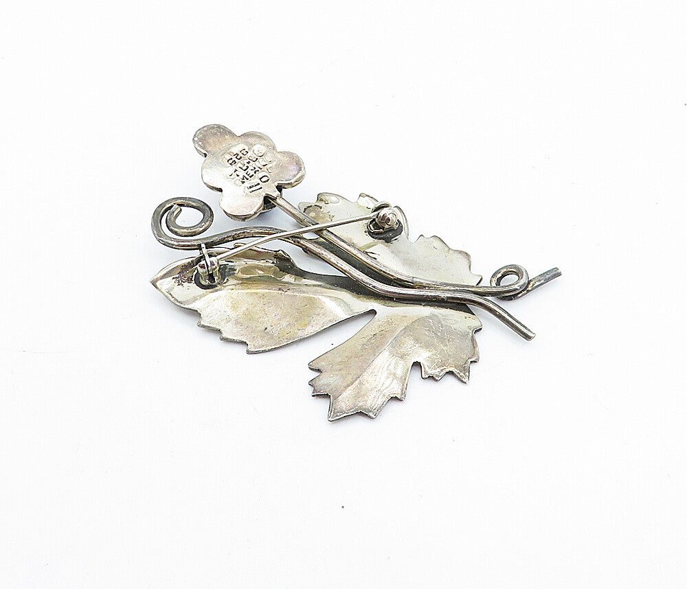 MEXICO 925 Sterling Silver  Vintage Lapis Lazuli Floral Leaf Brooch Pin BP1405