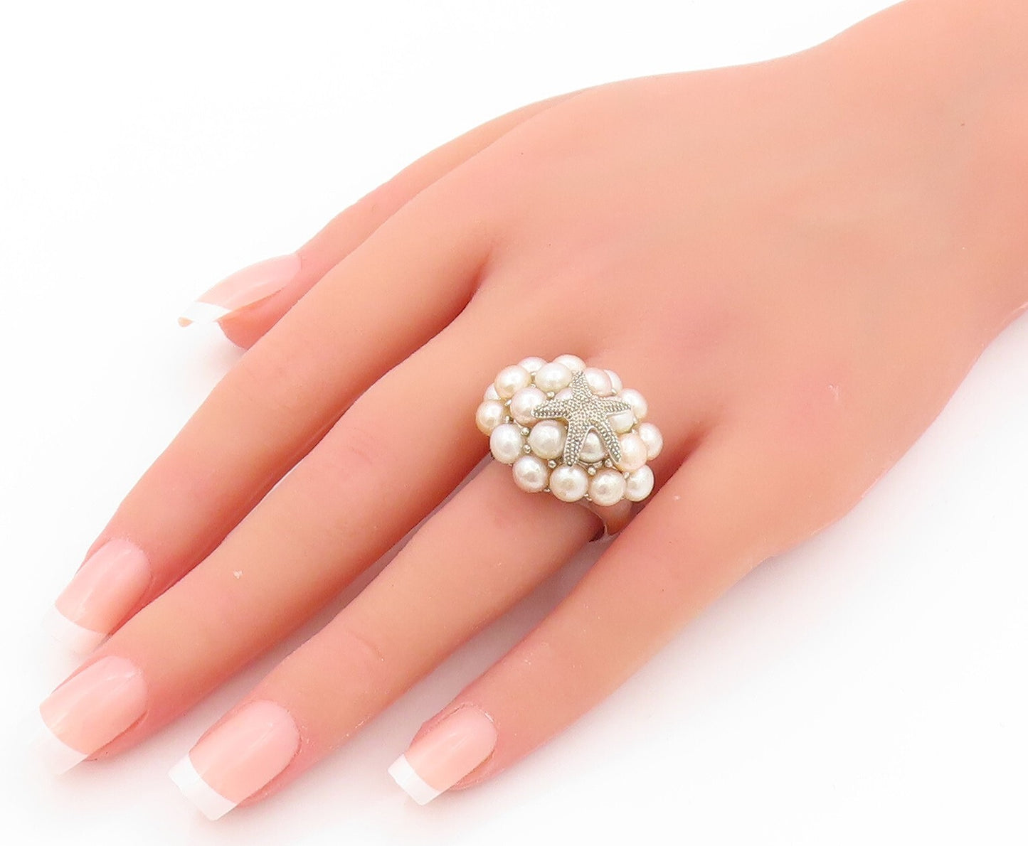 925 Sterling Silver Vintage Ring Designer Pearls Cluster Starfish  SZ 9  RG31940