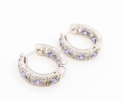 925 Sterling Silver Vintage Earrings Tanzanite Halo Sapphire Hoops  EG14335