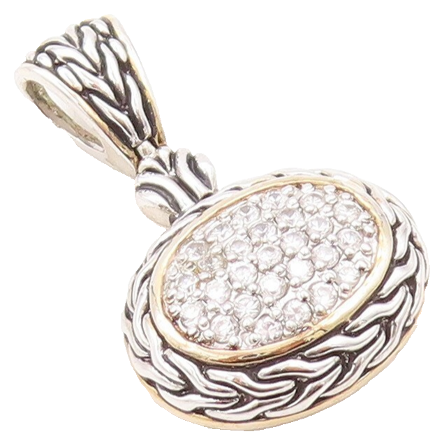 925 Sterling Silver Vintage Pendant Minimalist Carved Oval CZ Inlay  PT23605
