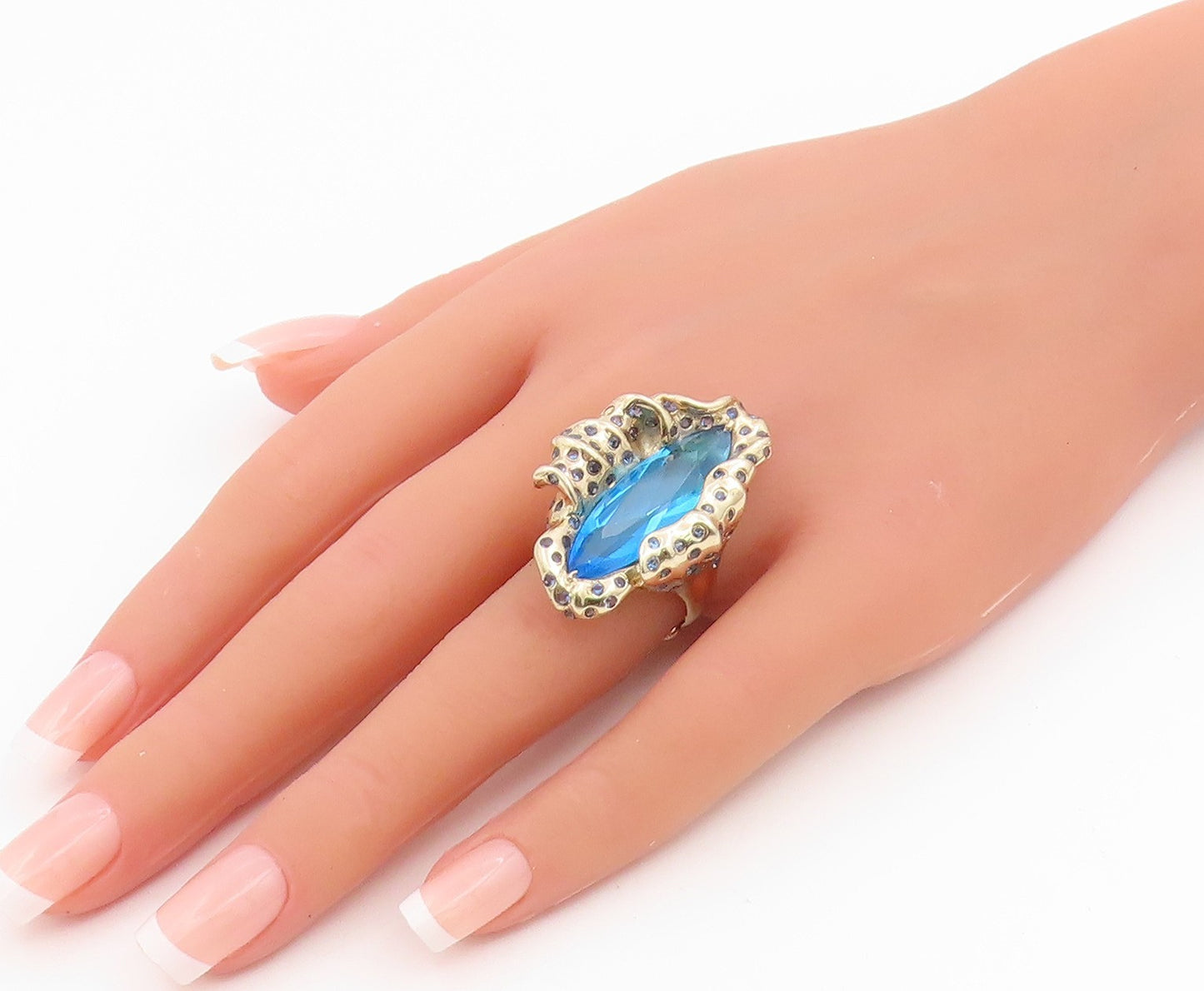 925 Sterling Silver Vintage Ring Gold Plated Blue Topaz Band  Sz 6.5  RG35452