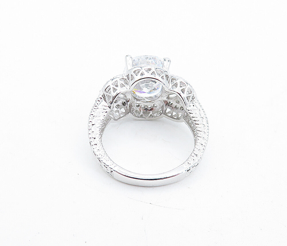 925 Sterling Silver  Sparkling Oval Cut Topaz Floral Band Ring Sz 7.5  RG4614