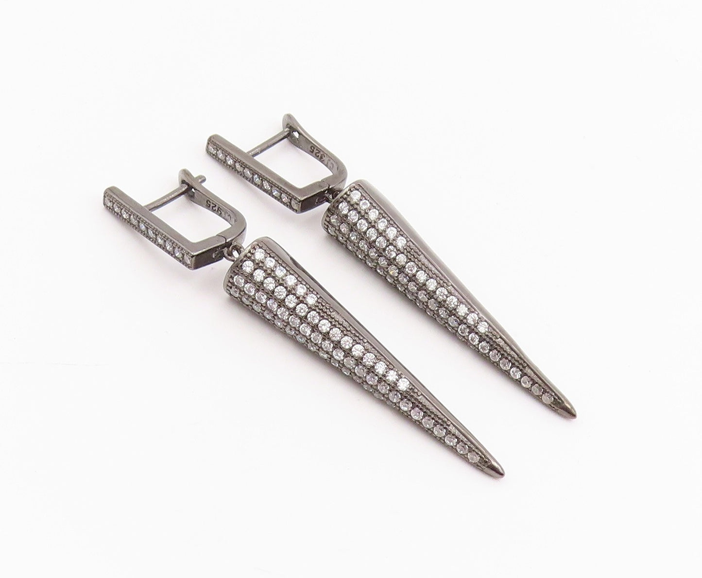 925 Sterling Silver Vintage Earrings CZ Dark Tone Geometric Cone Dangle  EG14222