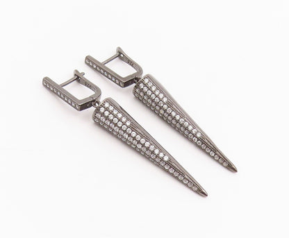 925 Sterling Silver Vintage Earrings CZ Dark Tone Geometric Cone Dangle  EG14222