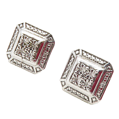 925 Sterling Silver  Shiny Genuine Diamonds Square Stud Earrings  EG4670