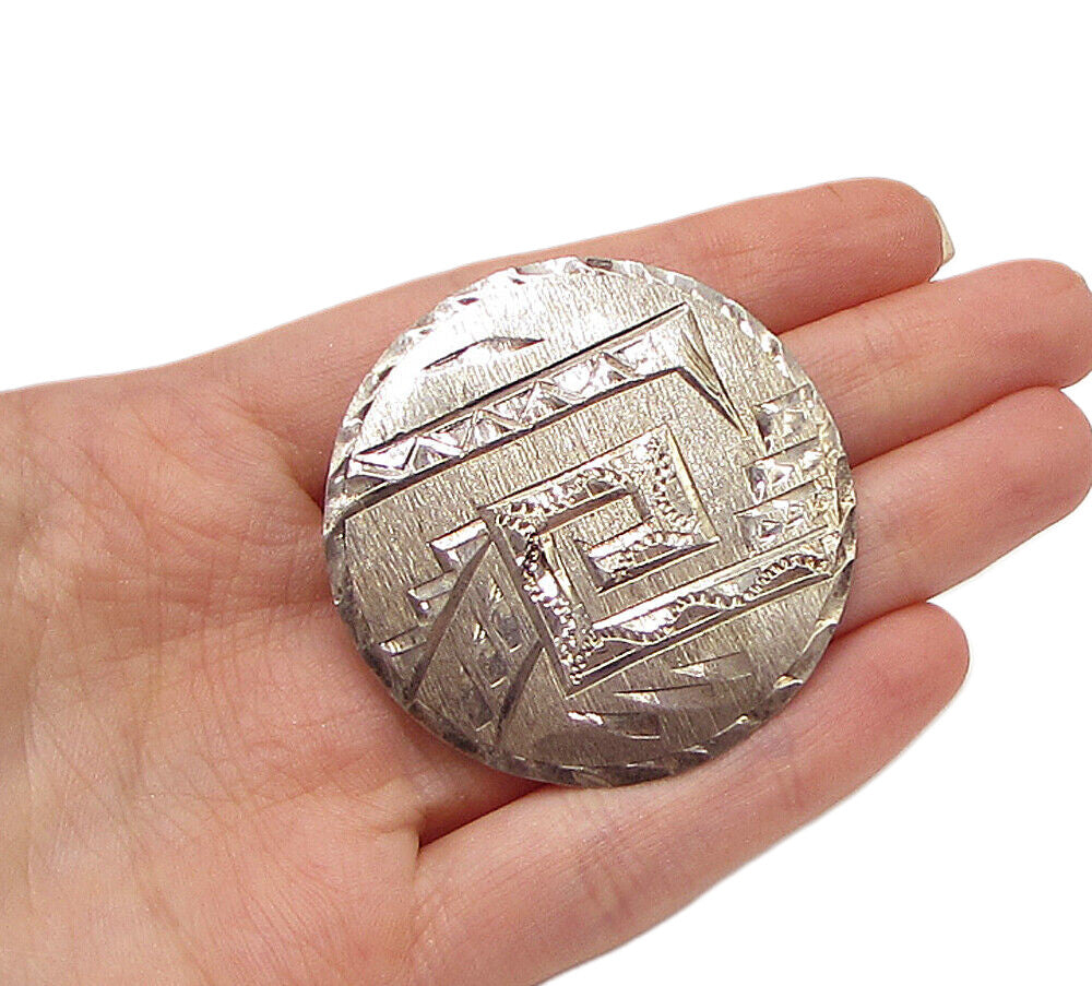 MEXICO 925 Silver Vintage Etched Pattern Detail Pendant Brooch Pin BP1019