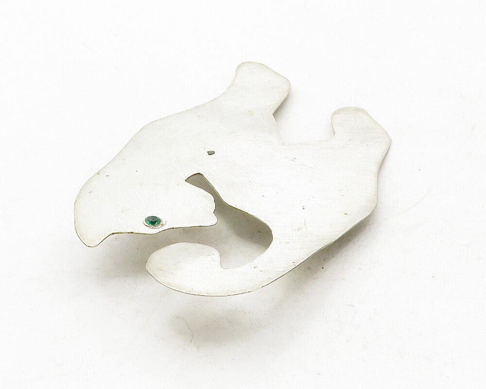 925 Sterling Silver  Vintage Green Topaz Eye Cat Motif Brooch Pin  BP4781