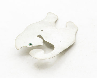 925 Sterling Silver  Vintage Green Topaz Eye Cat Motif Brooch Pin  BP4781