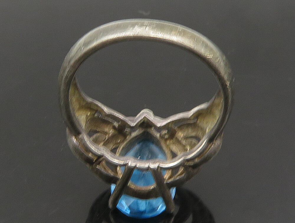 925 Silver  Vintage Shiny Blue Topaz Pear Shape Open Band Ring Sz 6  RG23864