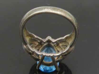 925 Silver  Vintage Shiny Blue Topaz Pear Shape Open Band Ring Sz 6  RG23864