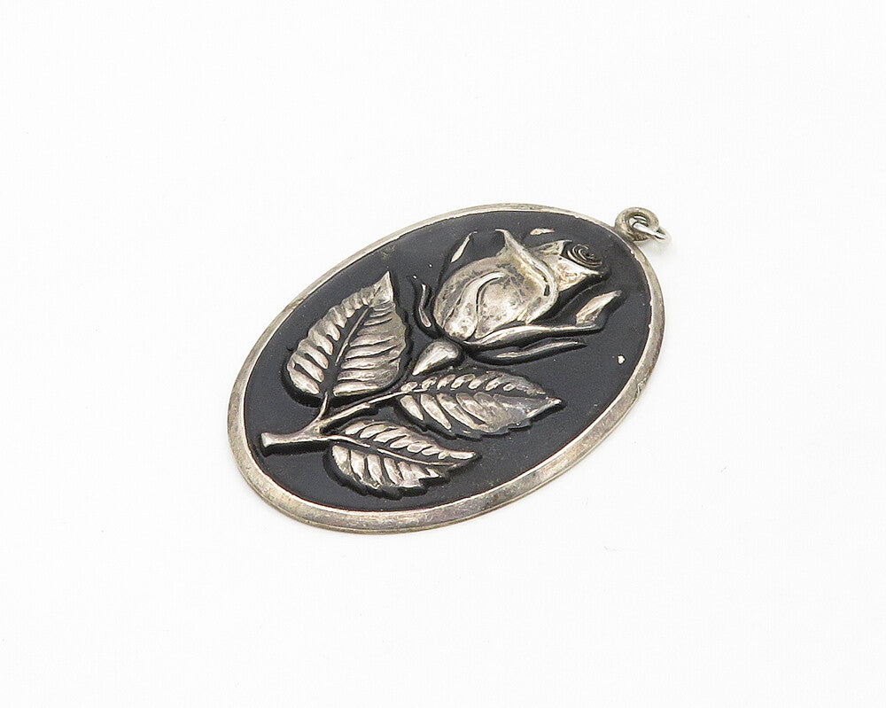 INTERNATIONAL 925 Silver Vintage Oxidized Rose Flower Oval Pendant PT14900