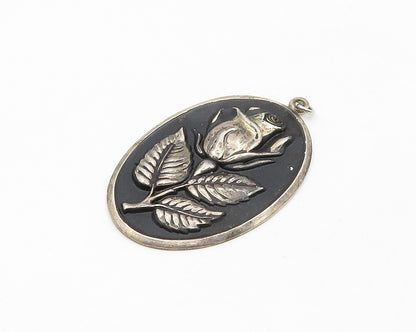 INTERNATIONAL 925 Silver Vintage Oxidized Rose Flower Oval Pendant PT14900