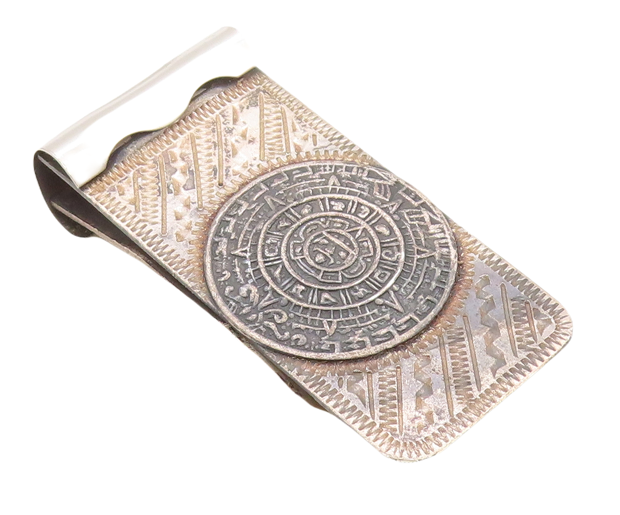925 Sterling Silver Vintage Money Clip MEXICO Dark Tone Aztec Moon Carved TR3823