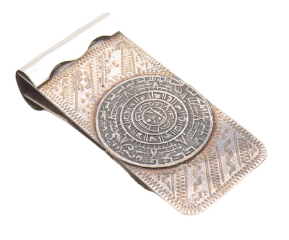 925 Sterling Silver Vintage Money Clip MEXICO Dark Tone Aztec Moon Carved TR3823