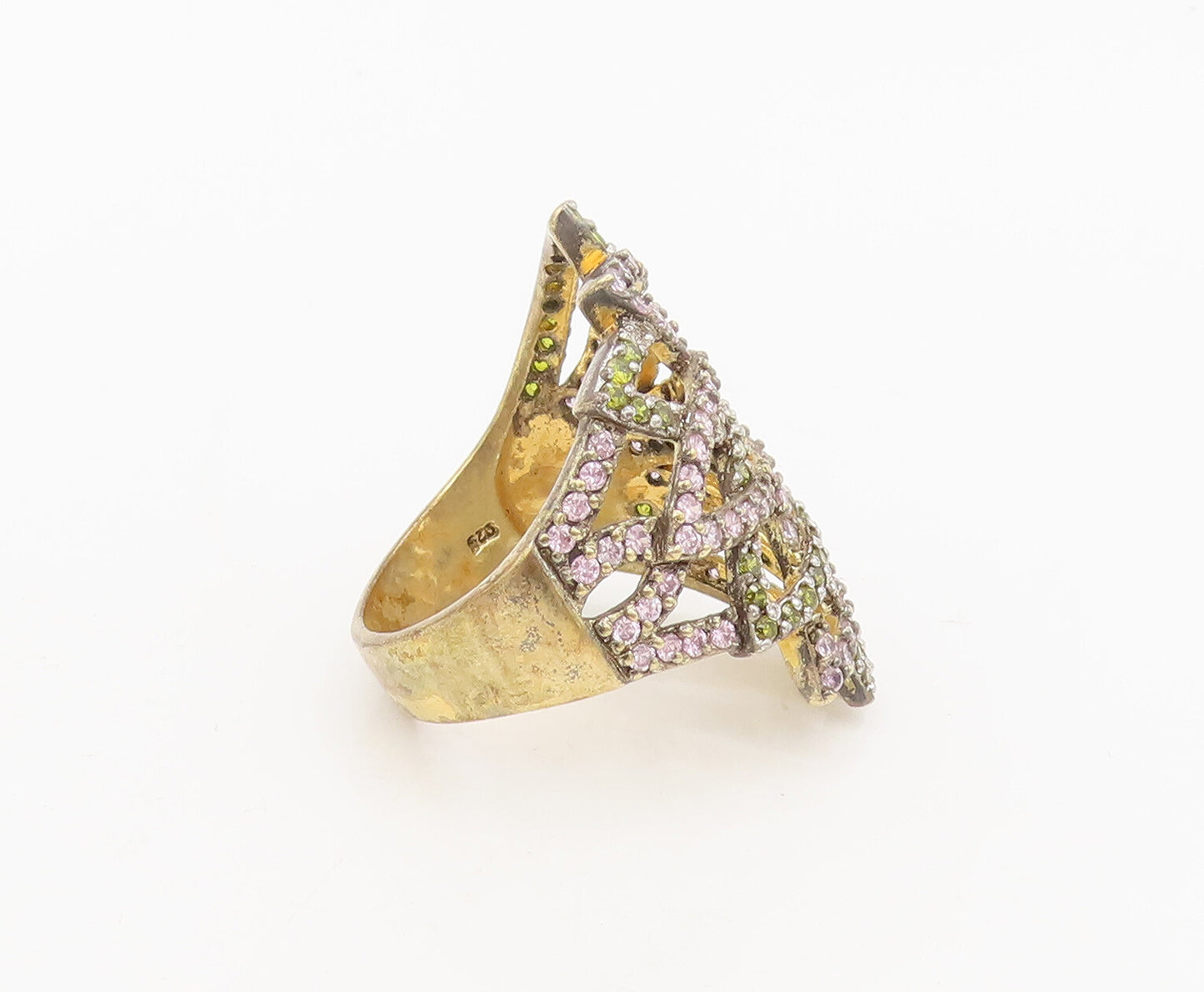 SETA 925 Silver  Vintage Cutout Pink & Yellow CZ Flower Ring Sz 11  RG27074