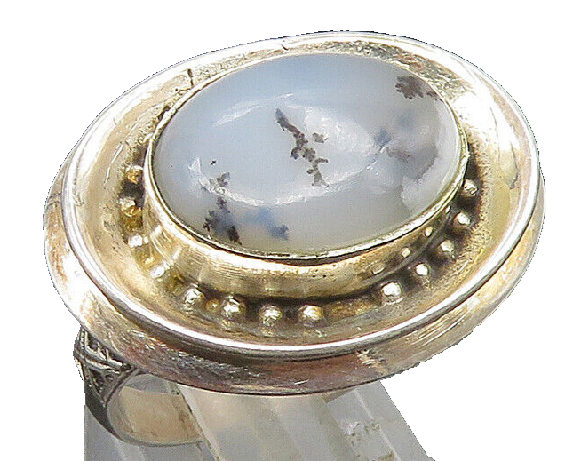 925 Silver  Vintage Unique Beaded Oval Frame Moss Agate Ring Sz 7.5  RG25344