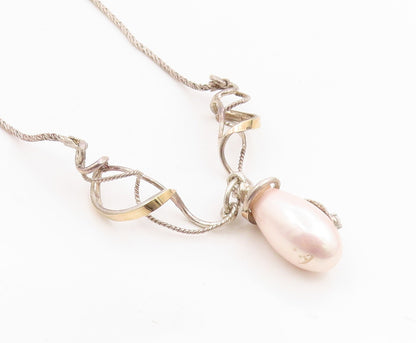14k Gold & 925 Sterling Silver Vintage Necklace Elegant Pearl & CZ Drop  NE4861