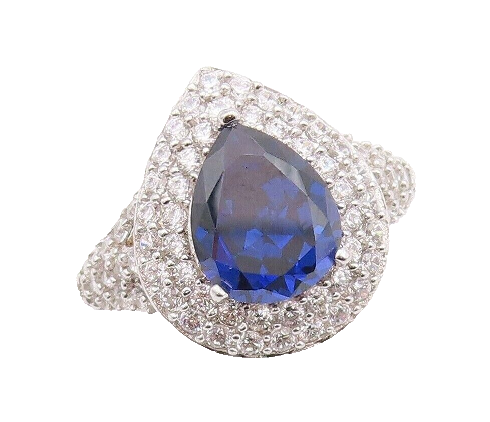 925 Sterling Silver Vintage Ring Drop Cut Sapphire Halo CZ Inlay Sz 7.5  RG30053