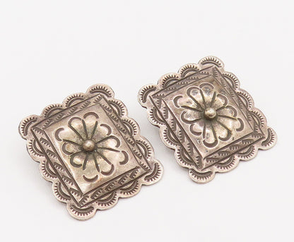 SOUTHWESTERN 925 Silver Vintage Etched Lines Floral Clip Earrings EG12350