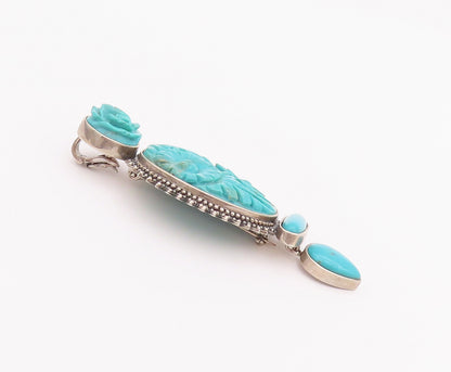 925 Sterling Silver Vintage Brooch Pin AMY KHAN RUSSELL Carved Turquoise BP10754